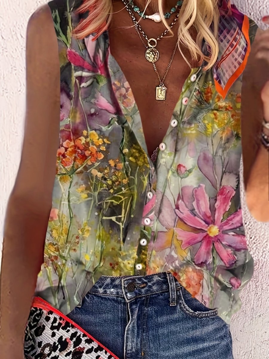 Annemieke - Mouwloze Blouse met Bloemenprint en Ronde Hals, Casual Dameskleding - odelly.nl