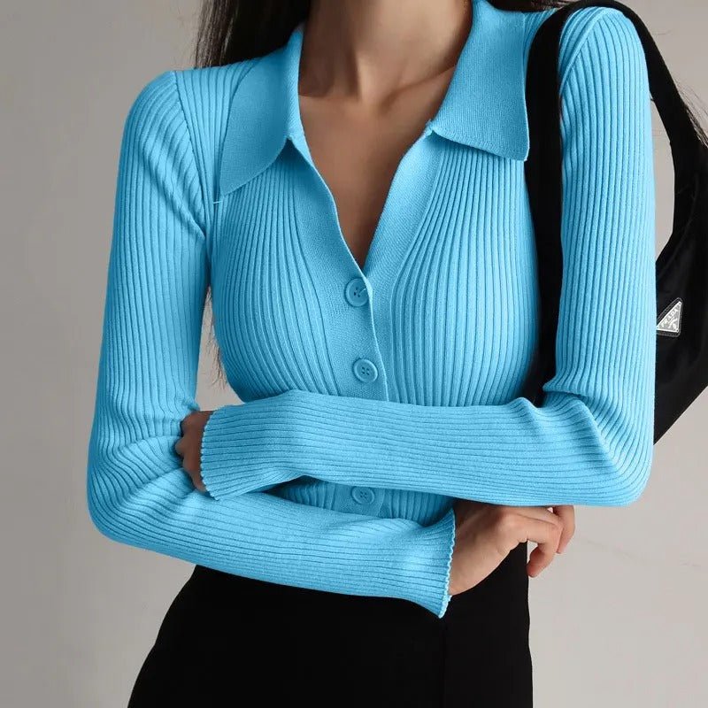 Chloe's Polo | Luxe geribde elegant gebreide stretch polotrui met knopen en V - hals voor vrouwen - odelly.nl