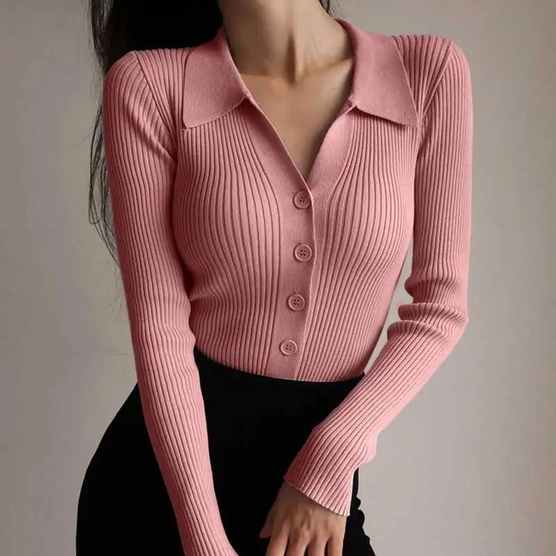 Chloe's Polo | Luxe geribde elegant gebreide stretch polotrui met knopen en V - hals voor vrouwen - odelly.nl
