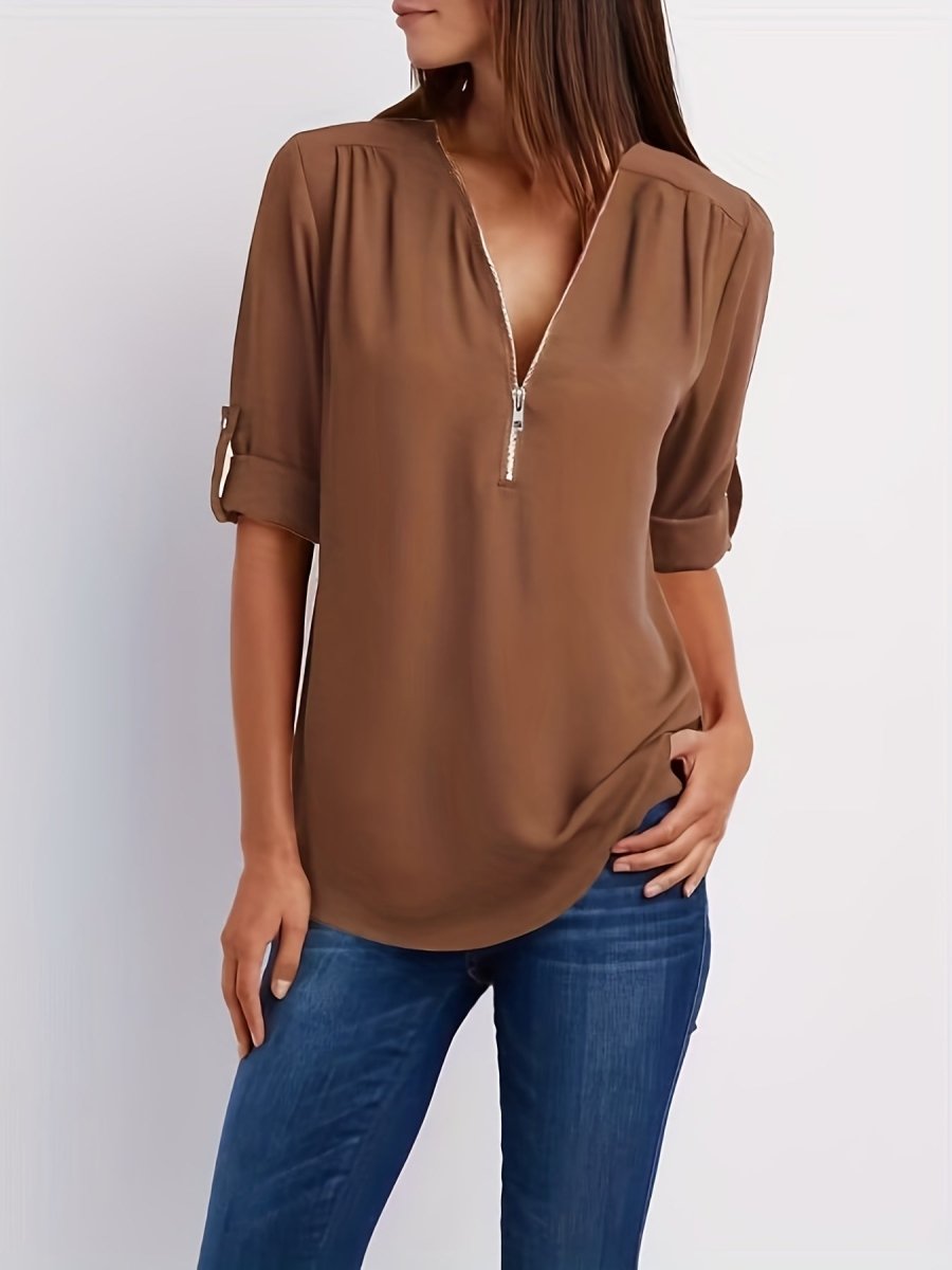 Eveline - Elegante Blouse met V - Hals en Halve Rits, Lange Mouwen, Vrouwelijke Kleding - odelly.nl