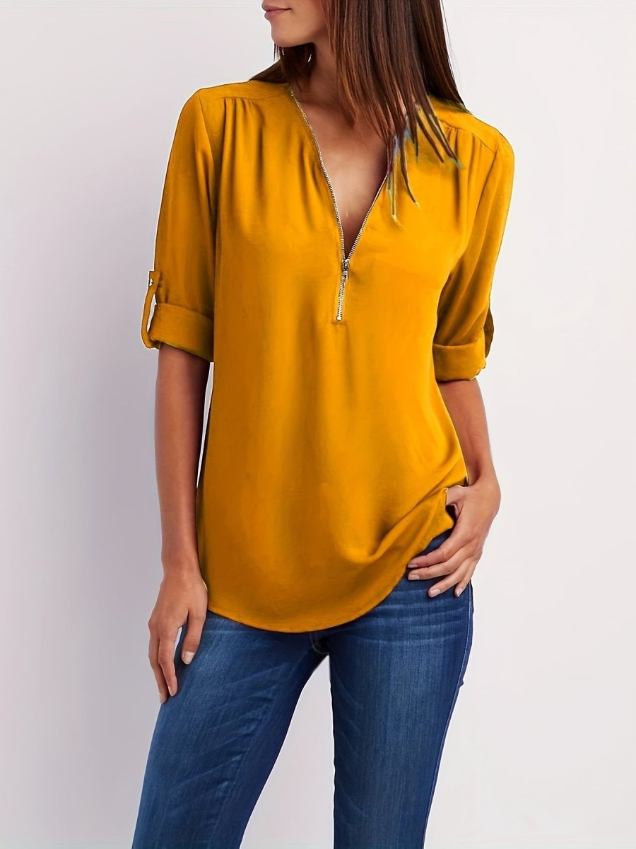Eveline - Elegante Blouse met V - Hals en Halve Rits, Lange Mouwen, Vrouwelijke Kleding - odelly.nl
