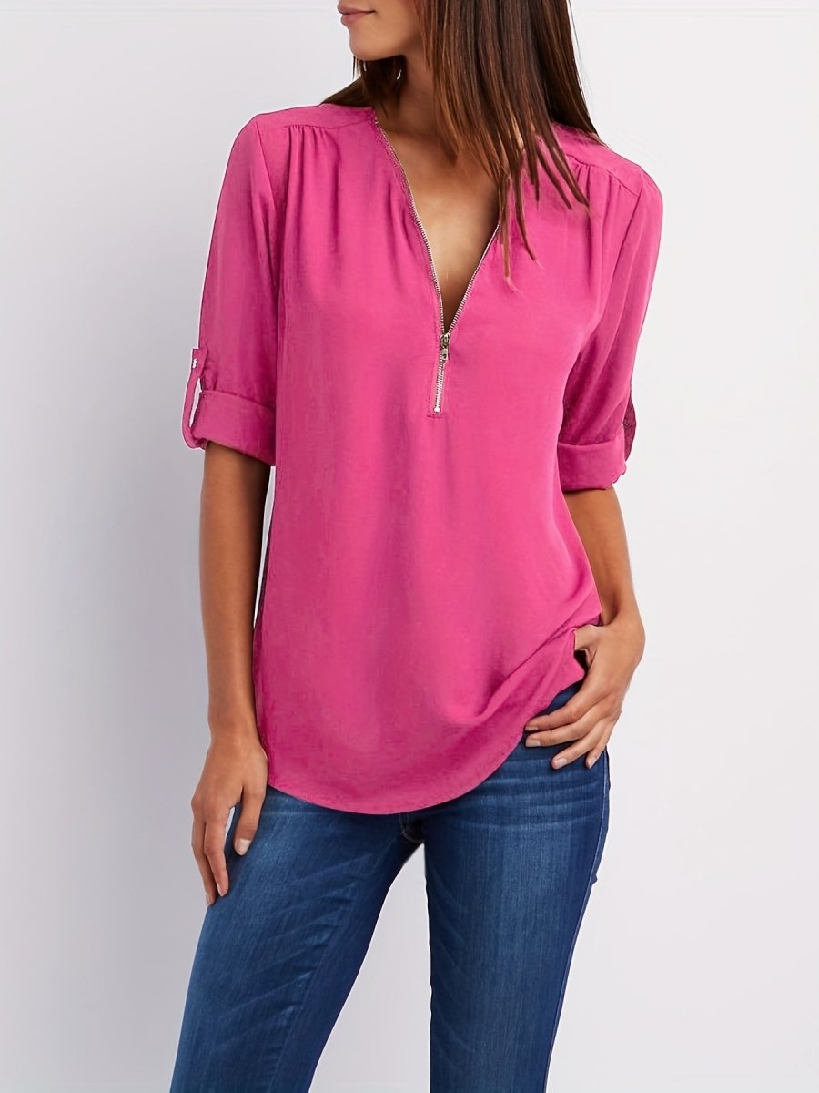 Eveline - Elegante Blouse met V - Hals en Halve Rits, Lange Mouwen, Vrouwelijke Kleding - odelly.nl