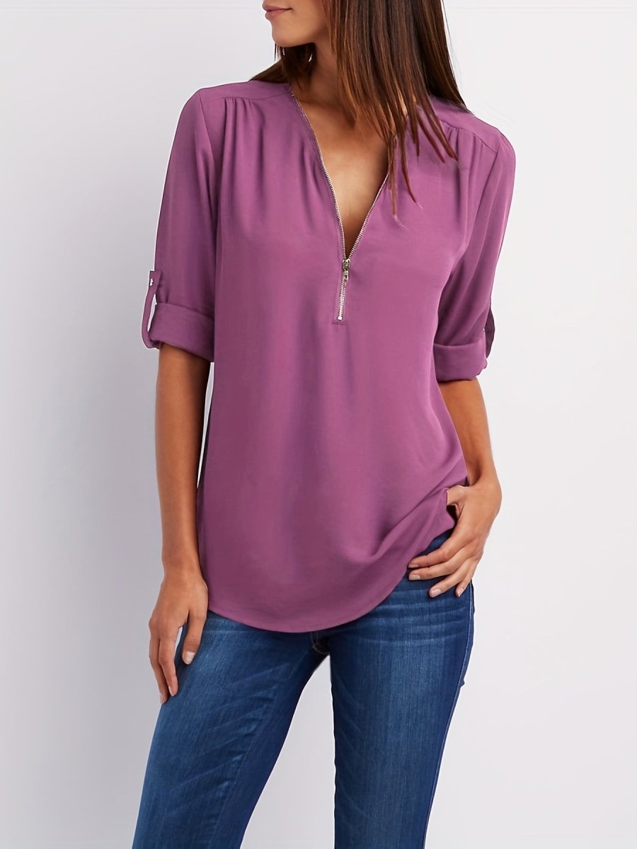 Eveline - Elegante Blouse met V - Hals en Halve Rits, Lange Mouwen, Vrouwelijke Kleding - odelly.nl