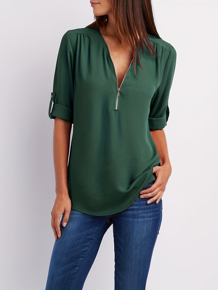 Eveline - Elegante Blouse met V - Hals en Halve Rits, Lange Mouwen, Vrouwelijke Kleding - odelly.nl