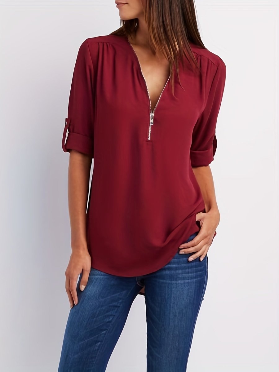Eveline - Elegante Blouse met V - Hals en Halve Rits, Lange Mouwen, Vrouwelijke Kleding - odelly.nl