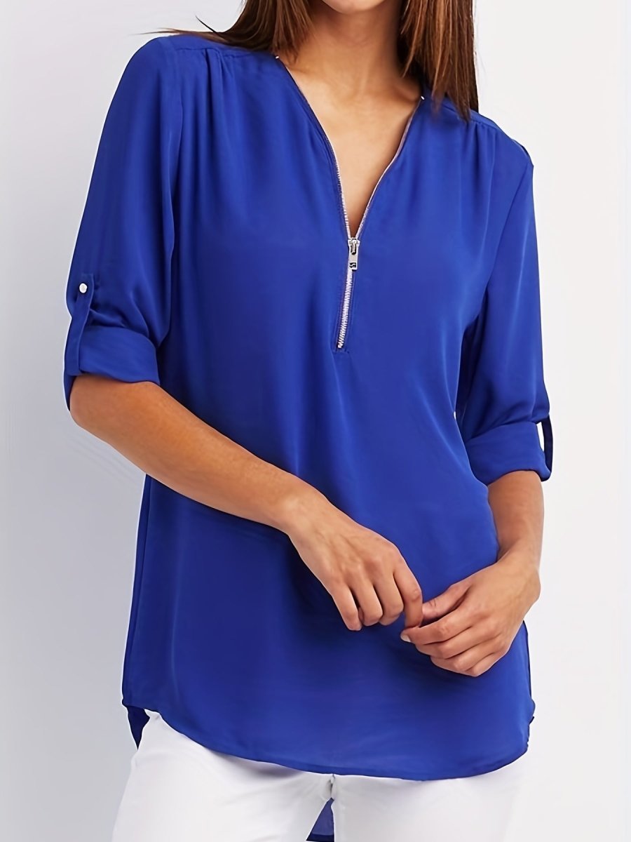 Eveline - Elegante Blouse met V - Hals en Halve Rits, Lange Mouwen, Vrouwelijke Kleding - odelly.nl