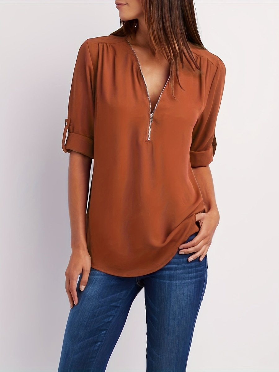 Eveline - Elegante Blouse met V - Hals en Halve Rits, Lange Mouwen, Vrouwelijke Kleding - odelly.nl