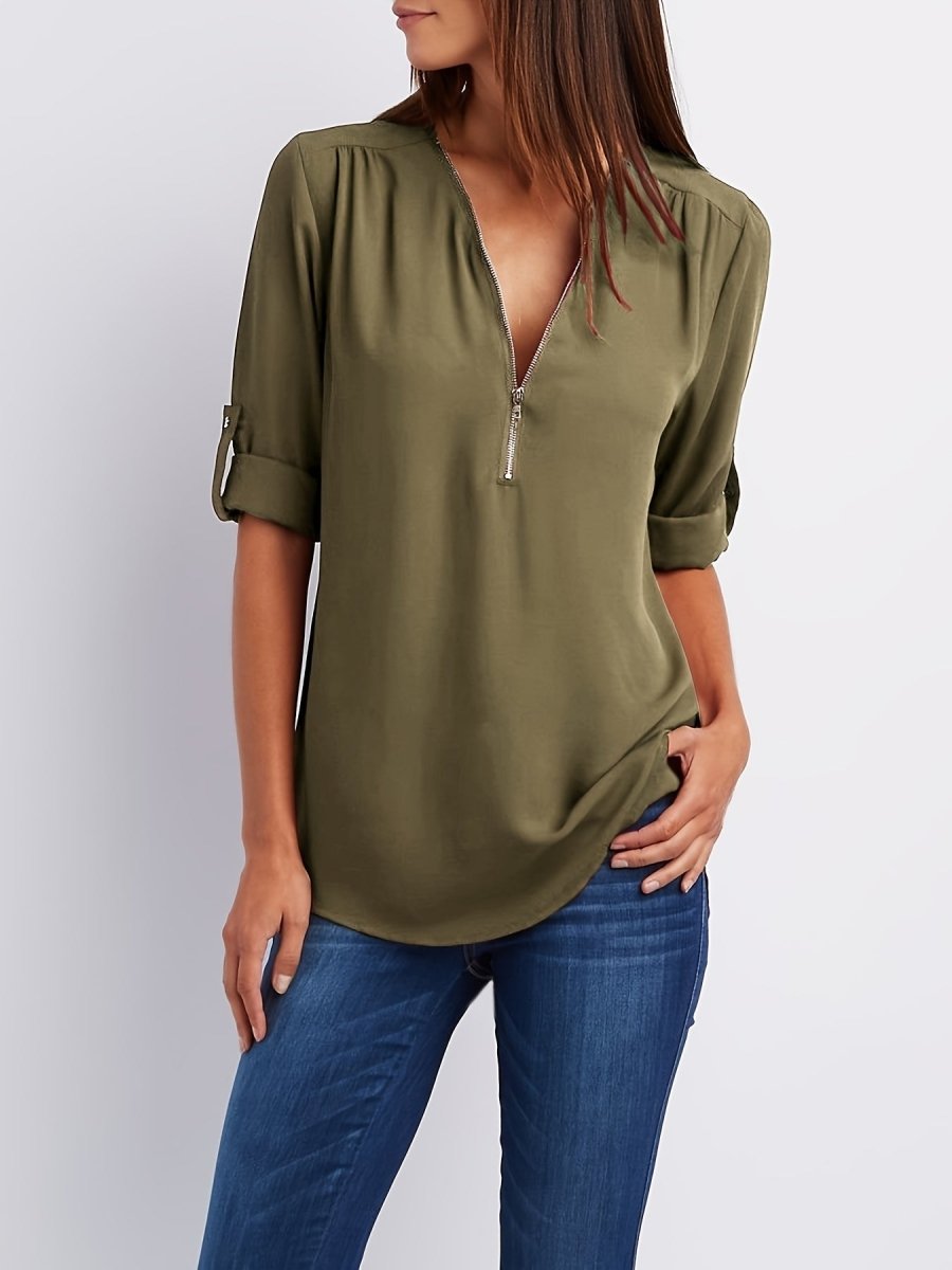 Eveline - Elegante Blouse met V - Hals en Halve Rits, Lange Mouwen, Vrouwelijke Kleding - odelly.nl