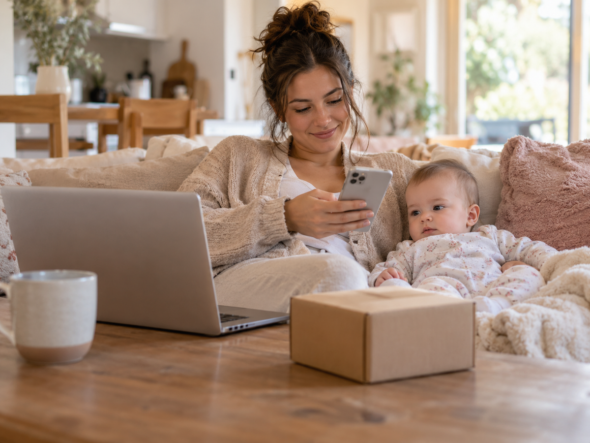 Moeder met baby bij laptop en pakket - Odelly klantenservice