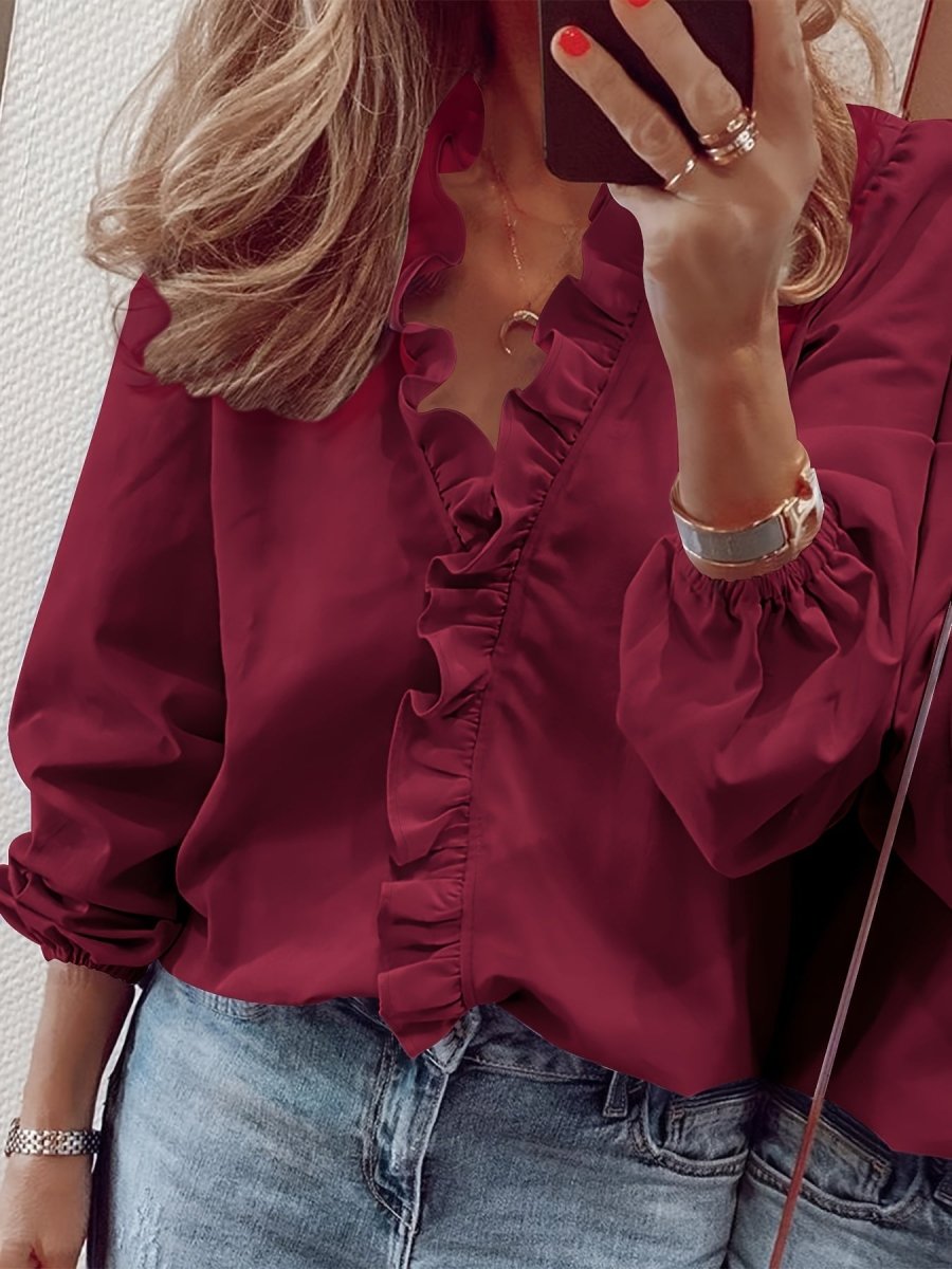 Lisanne - Elegante Blouse met Ruches en V - Hals, Lange Mouwen, Vrouwelijke Kleding - odelly.nl