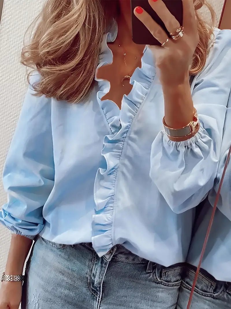 Lisanne - Elegante Blouse met Ruches en V - Hals, Lange Mouwen, Vrouwelijke Kleding - odelly.nl