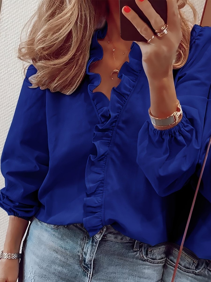 Lisanne - Elegante Blouse met Ruches en V - Hals, Lange Mouwen, Vrouwelijke Kleding - odelly.nl