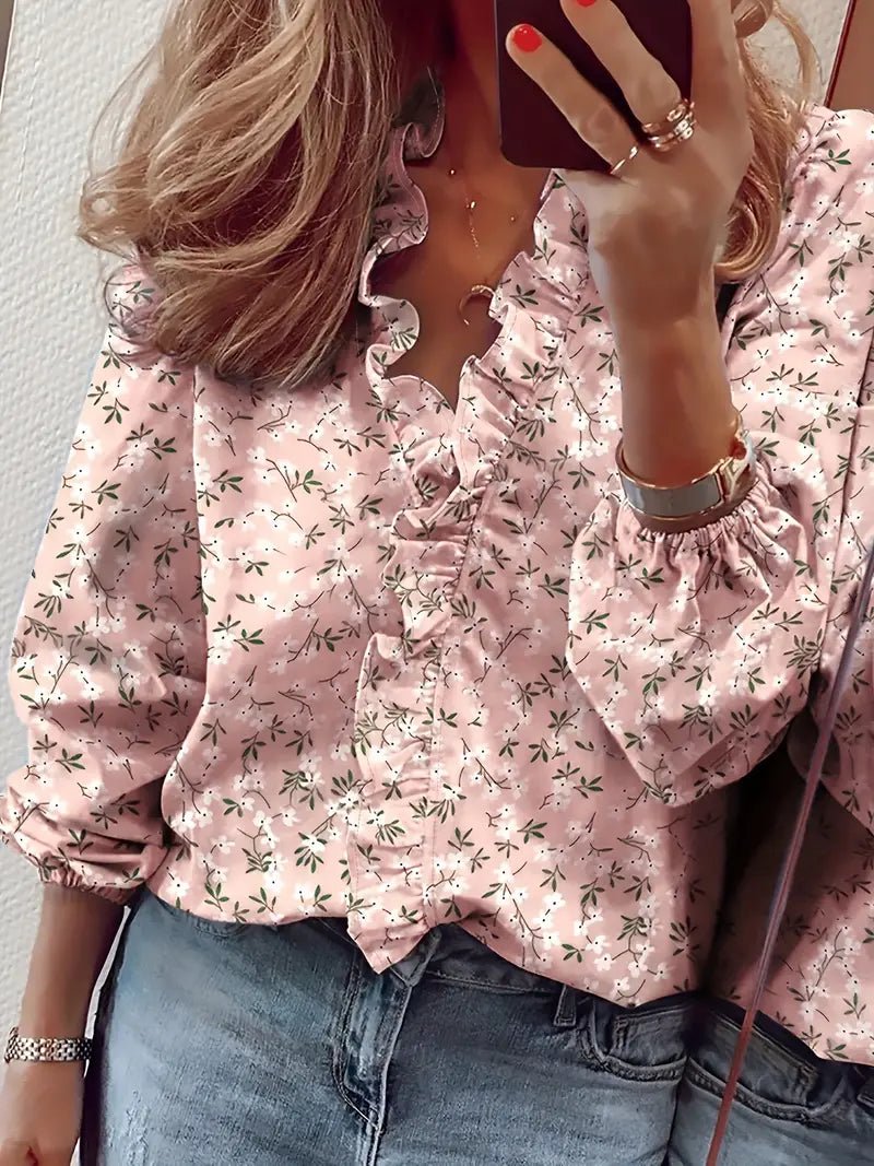 Lisanne - Elegante Blouse met Ruches en V - Hals, Lange Mouwen, Vrouwelijke Kleding - odelly.nl