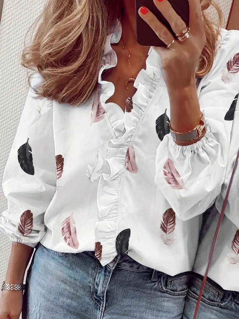 Lisanne - Elegante Blouse met Ruches en V - Hals, Lange Mouwen, Vrouwelijke Kleding - odelly.nl