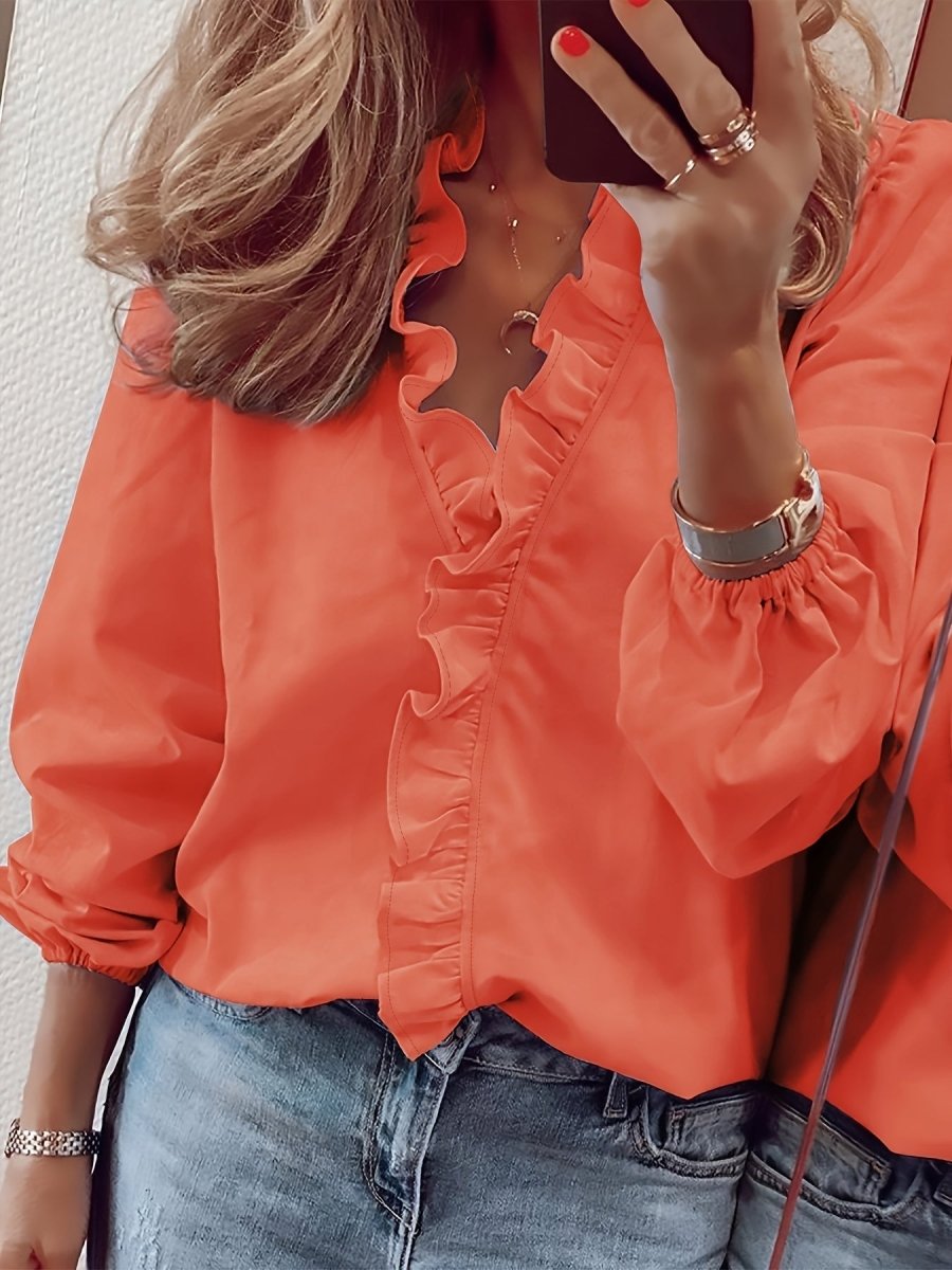 Lisanne - Elegante Blouse met Ruches en V - Hals, Lange Mouwen, Vrouwelijke Kleding - odelly.nl