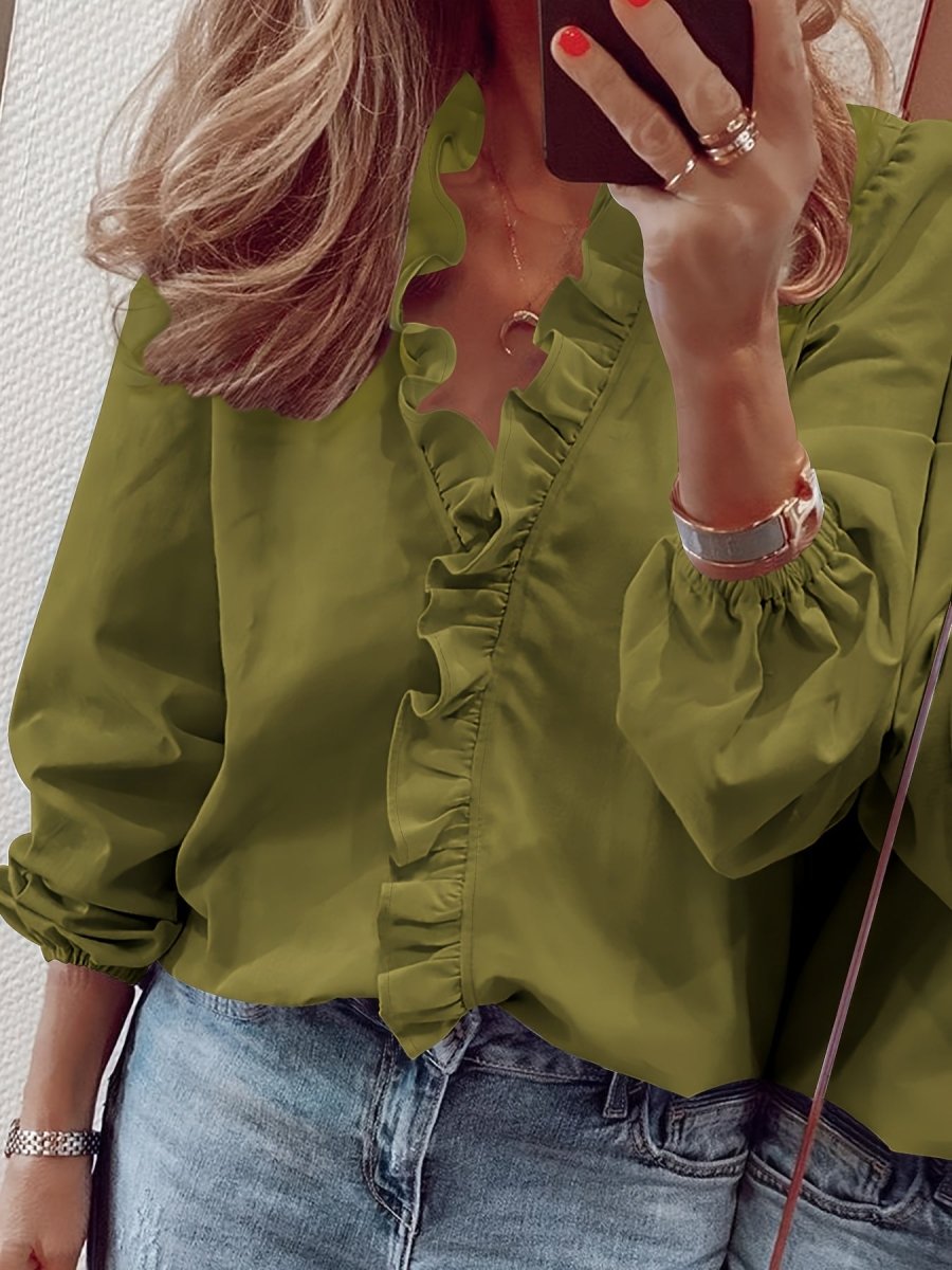 Lisanne - Elegante Blouse met Ruches en V - Hals, Lange Mouwen, Vrouwelijke Kleding - odelly.nl