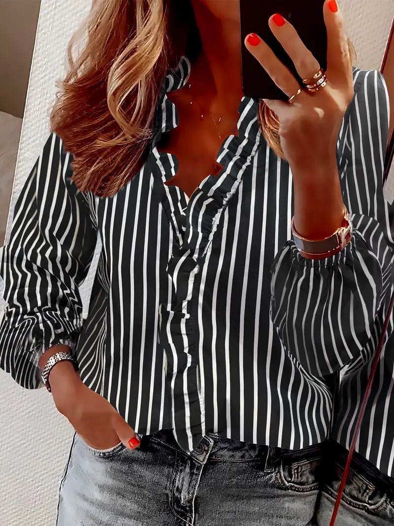 Lisanne - Elegante Blouse met Ruches en V - Hals, Lange Mouwen, Vrouwelijke Kleding - odelly.nl