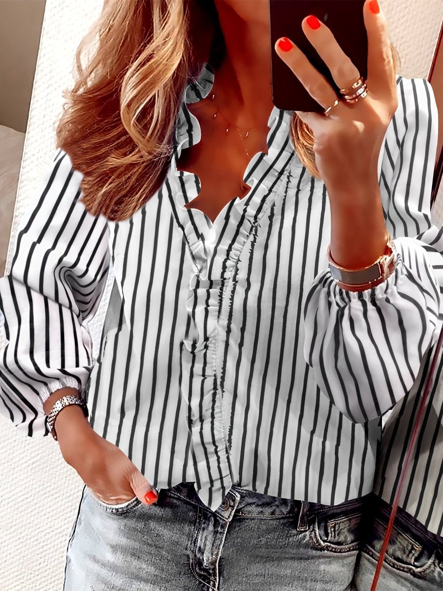 Lisanne - Elegante Blouse met Ruches en V - Hals, Lange Mouwen, Vrouwelijke Kleding - odelly.nl