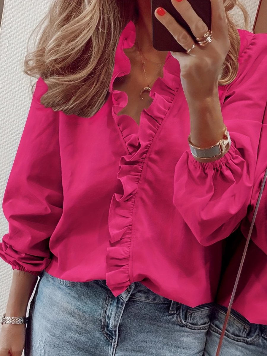 Lisanne - Elegante Blouse met Ruches en V - Hals, Lange Mouwen, Vrouwelijke Kleding - odelly.nl