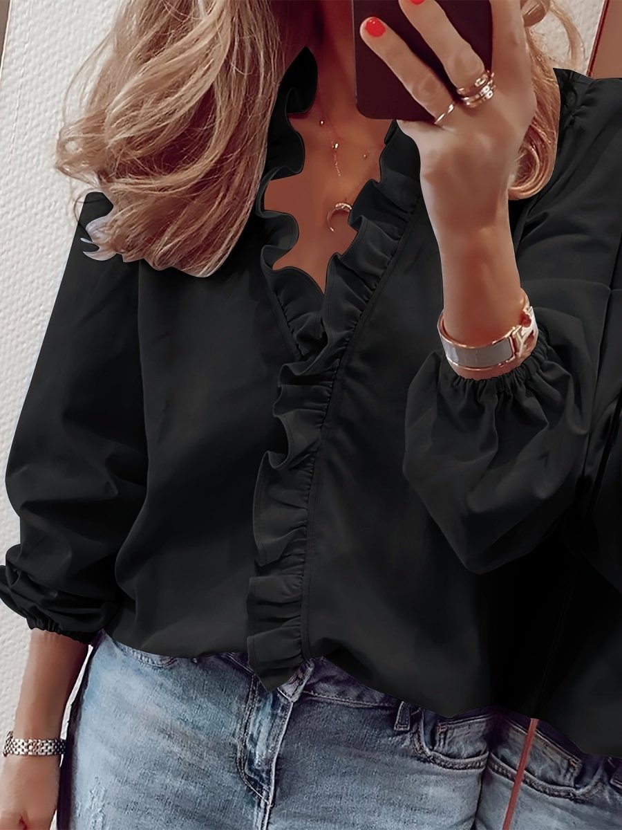 Lisanne - Elegante Blouse met Ruches en V - Hals, Lange Mouwen, Vrouwelijke Kleding - odelly.nl