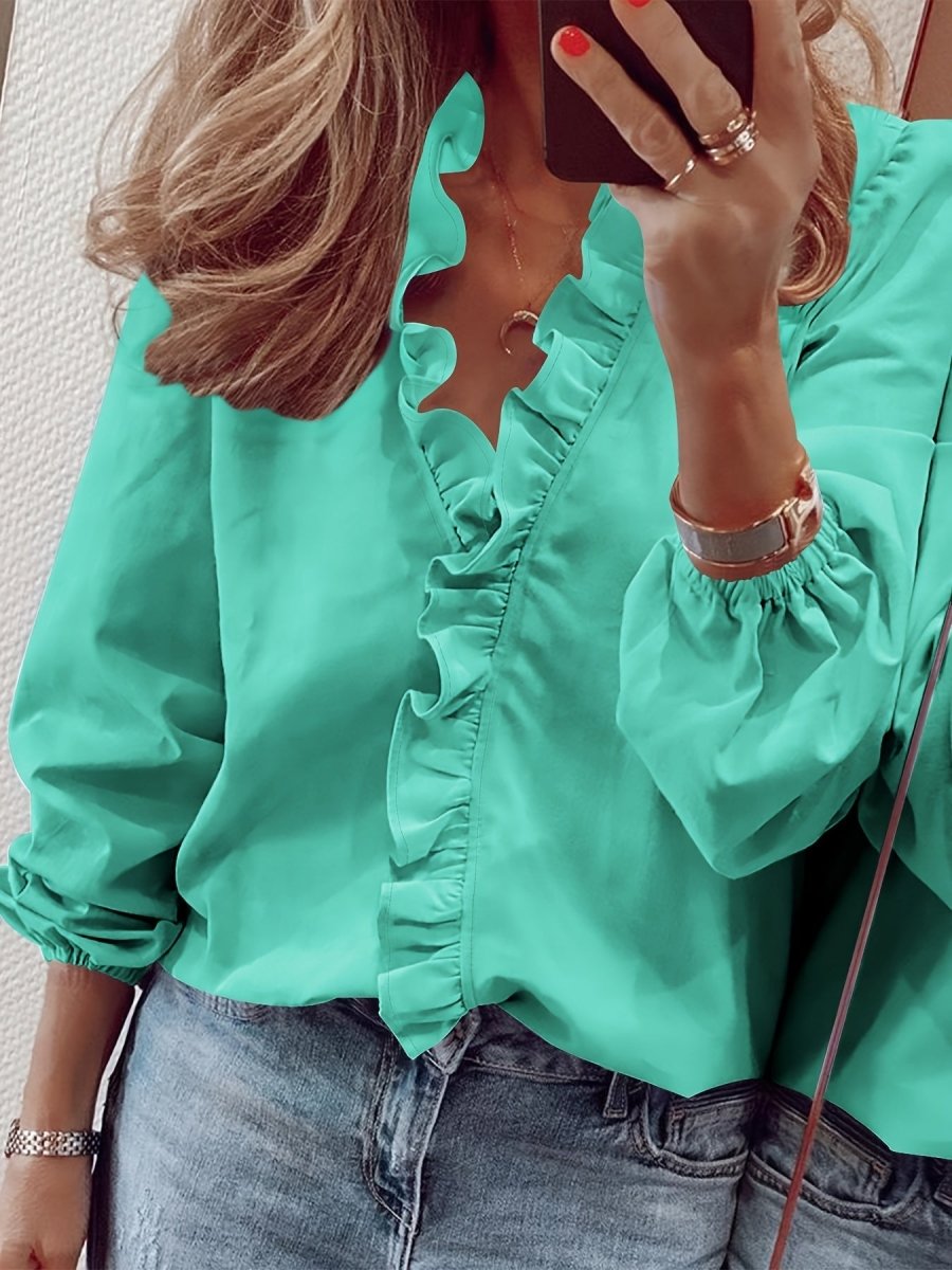 Lisanne - Elegante Blouse met Ruches en V - Hals, Lange Mouwen, Vrouwelijke Kleding - odelly.nl