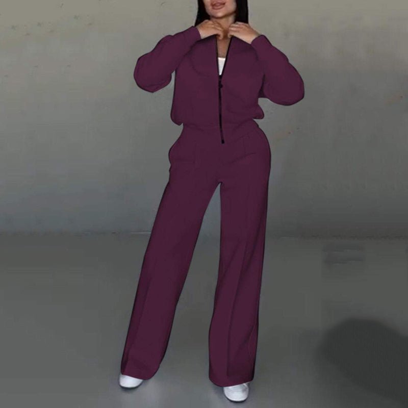 Stijlvolle Tweedelige Dames Set: Comfortabele Jass met Rits en Casual, Wijde Broekspijpen - odelly.nl