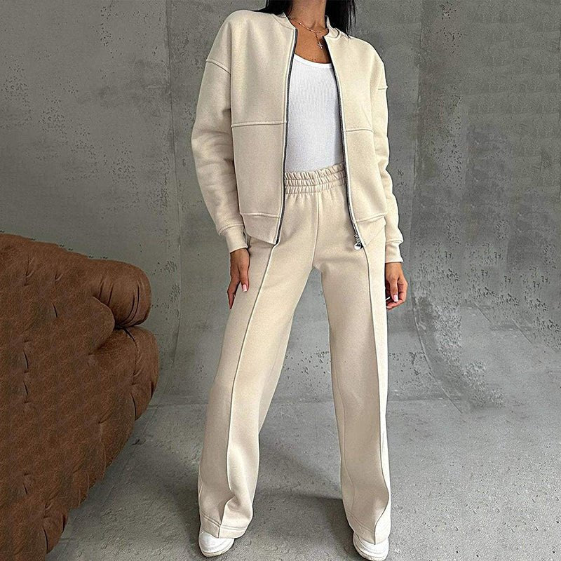 Stijlvolle Tweedelige Dames Set: Comfortabele Jass met Rits en Casual, Wijde Broekspijpen - odelly.nl