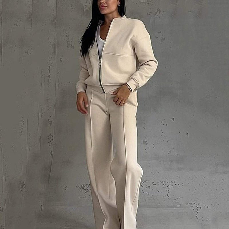 Stijlvolle Tweedelige Dames Set: Comfortabele Jass met Rits en Casual, Wijde Broekspijpen - odelly.nl