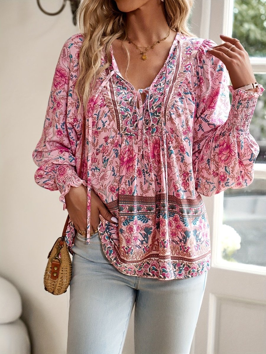 Yara - Bloemenblouse met V - hals en Trekkoord - odelly.nl