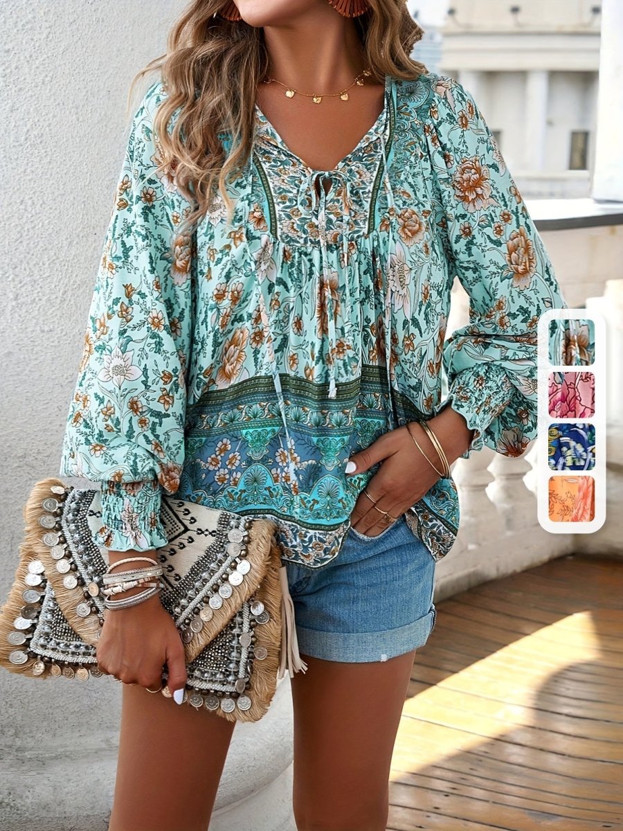 Yara - Bloemenblouse met V - hals en Trekkoord - odelly.nl