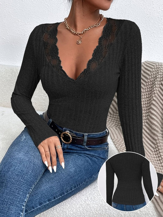 Fleur - Ribgebreide V - hals Lange Mouwen Top met Kantdetails - odelly.nl