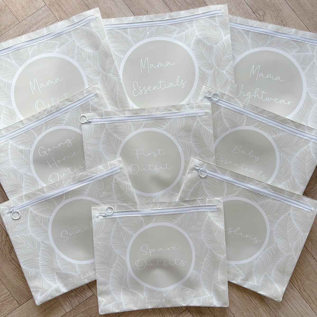Ziekenhuistas organizers Beige Blad – volledige set van 10 gelabelde opbergzakken